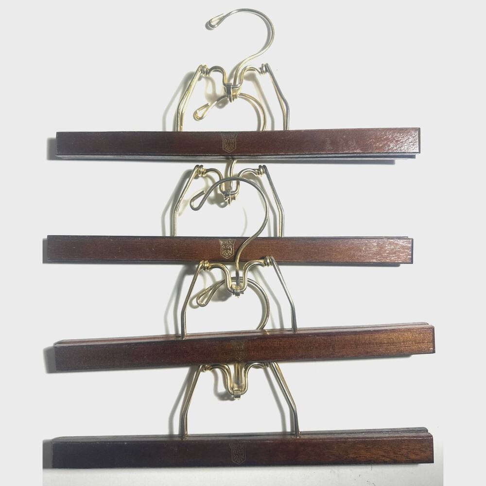 Vtg Lee Rowan 40s gold Wood Clamp Hanger LOT 4 Pant Eagle Bird Crown WORKING EUC